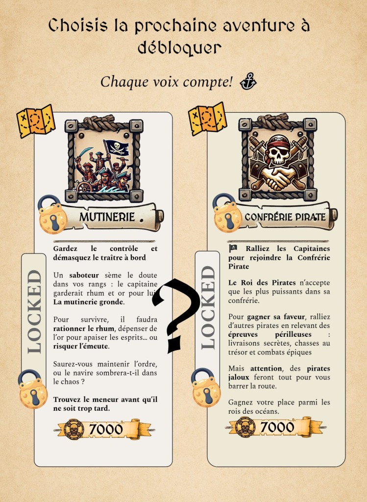 Choisis la prochaine aventure à débloquer ! Mutinerie ou Confrérie Pirate